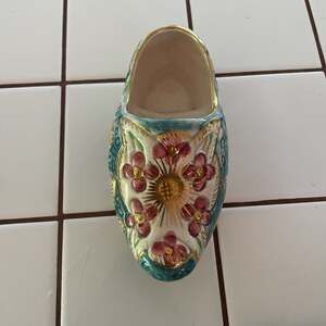 Vintage Hand Painted Ceramic Shoe Figurine Green Polka Dots Floral Japan Enesco